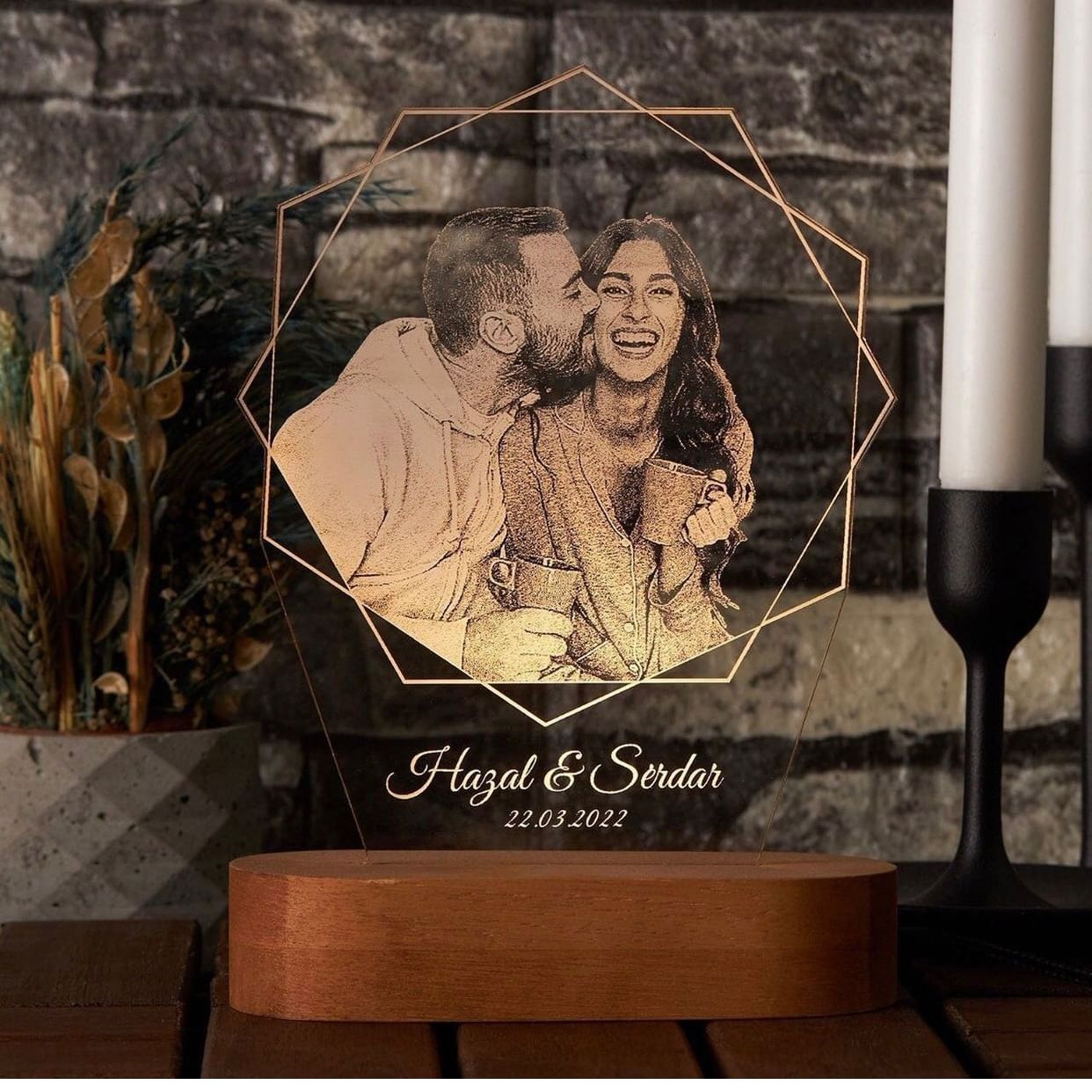 Personalized Acrylic Hexagon 3D Photo LED Lamp for Couples – Custom Name & Date Gift in Pakistan